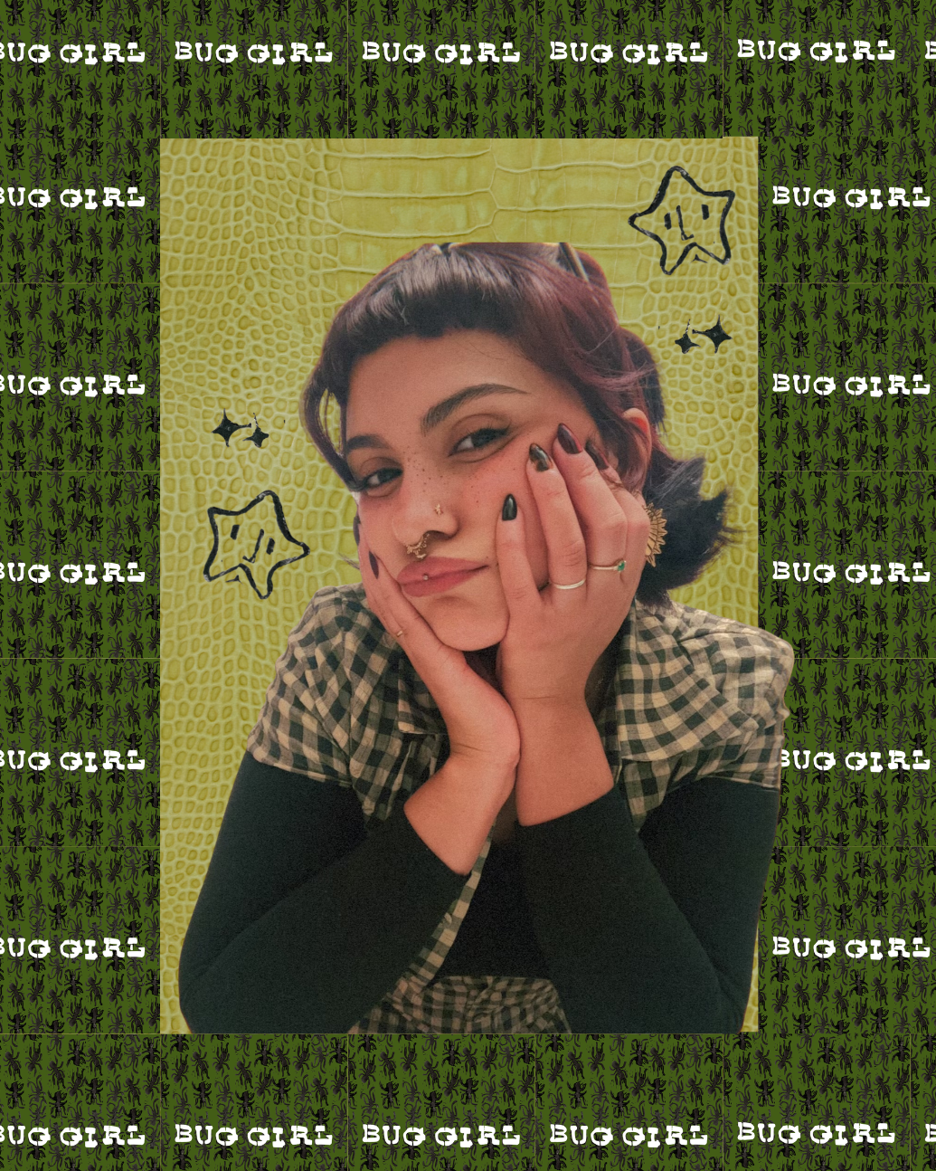 A portrait of a woman with dark hair, wearing a black and beige checkered top over a black long-sleeve shirt, posed against a textured light green background with doodle-style stars. The image is framed by a dark green border patterned with the text 'BUG GIRL' repeated.