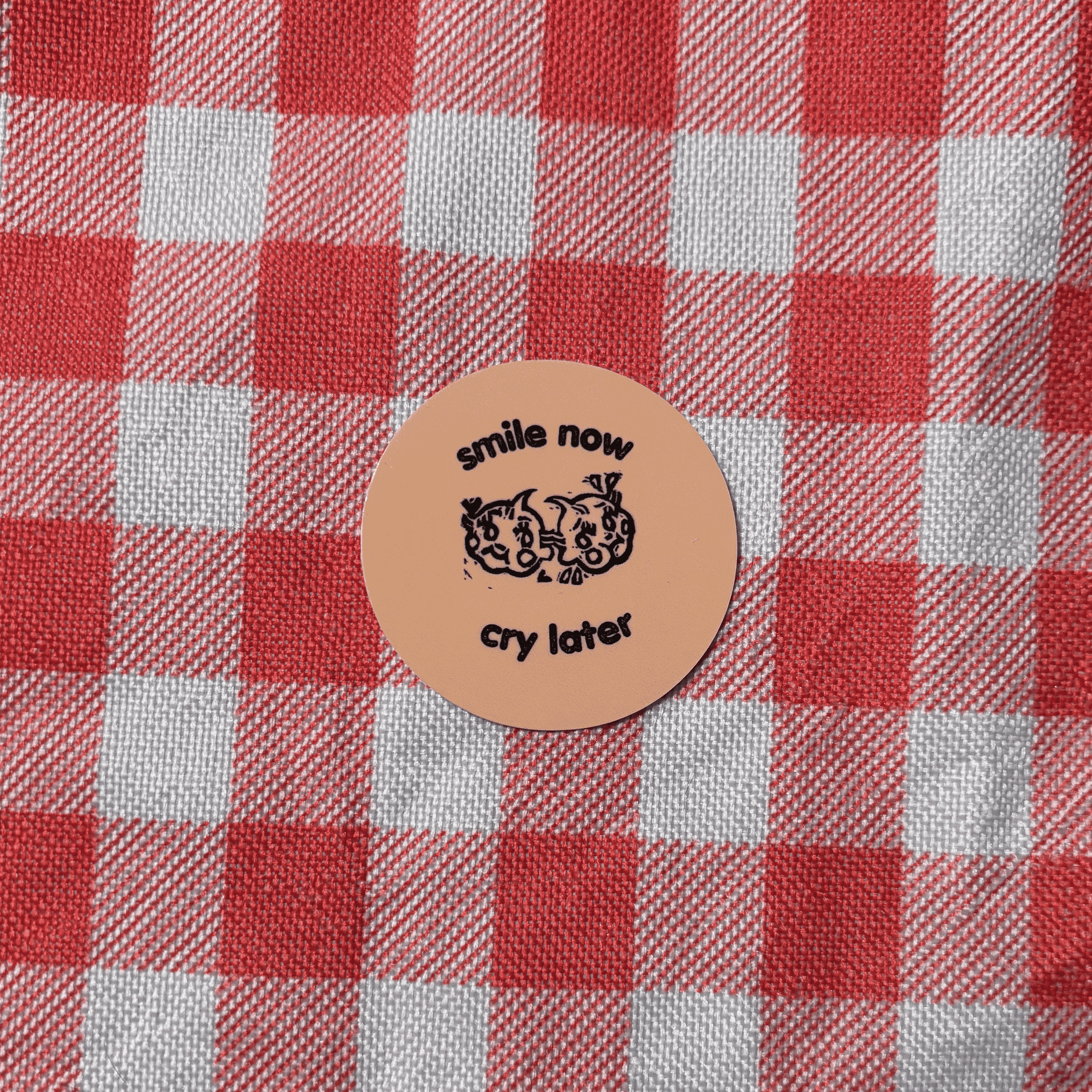 A circular tan sticker with black text reading 'smile now cry later' and a small graphic, placed on red and white checkered fabric.